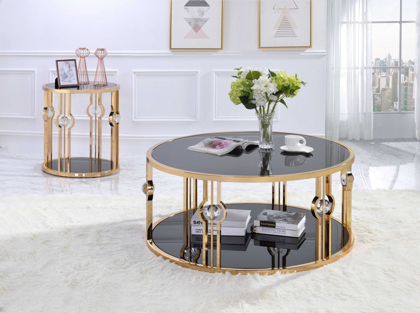 HomeRoots 40" x 40" x 18" Black Glass Coffee Table With Gold Metal Frame