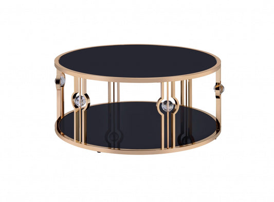 HomeRoots 40" x 40" x 18" Black Glass Coffee Table With Gold Metal Frame