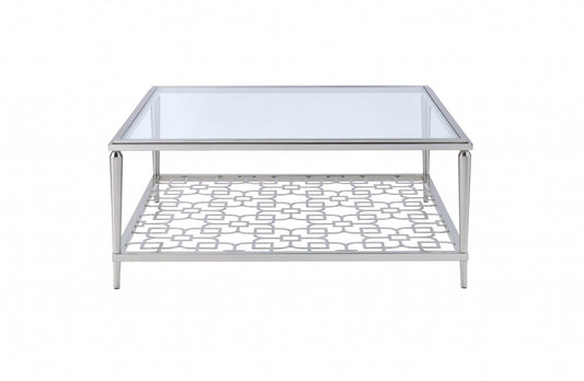 HomeRoots 40" x 40" x 18" Clear Glass Coffee Table in Nickel Finish