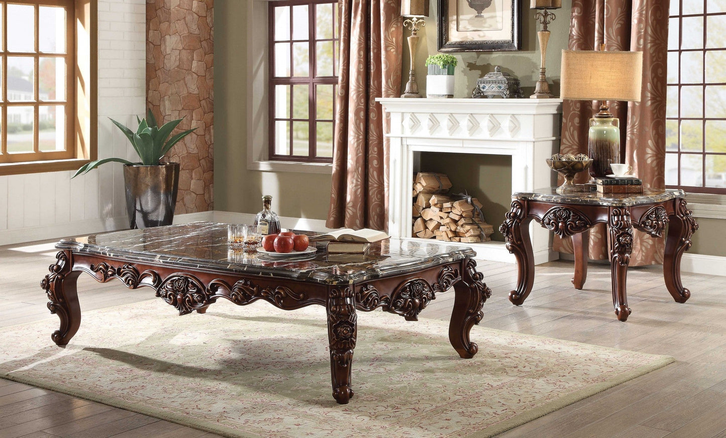 HomeRoots 40' x 71' x 20' Marble Walnut Wood Coffee Table
