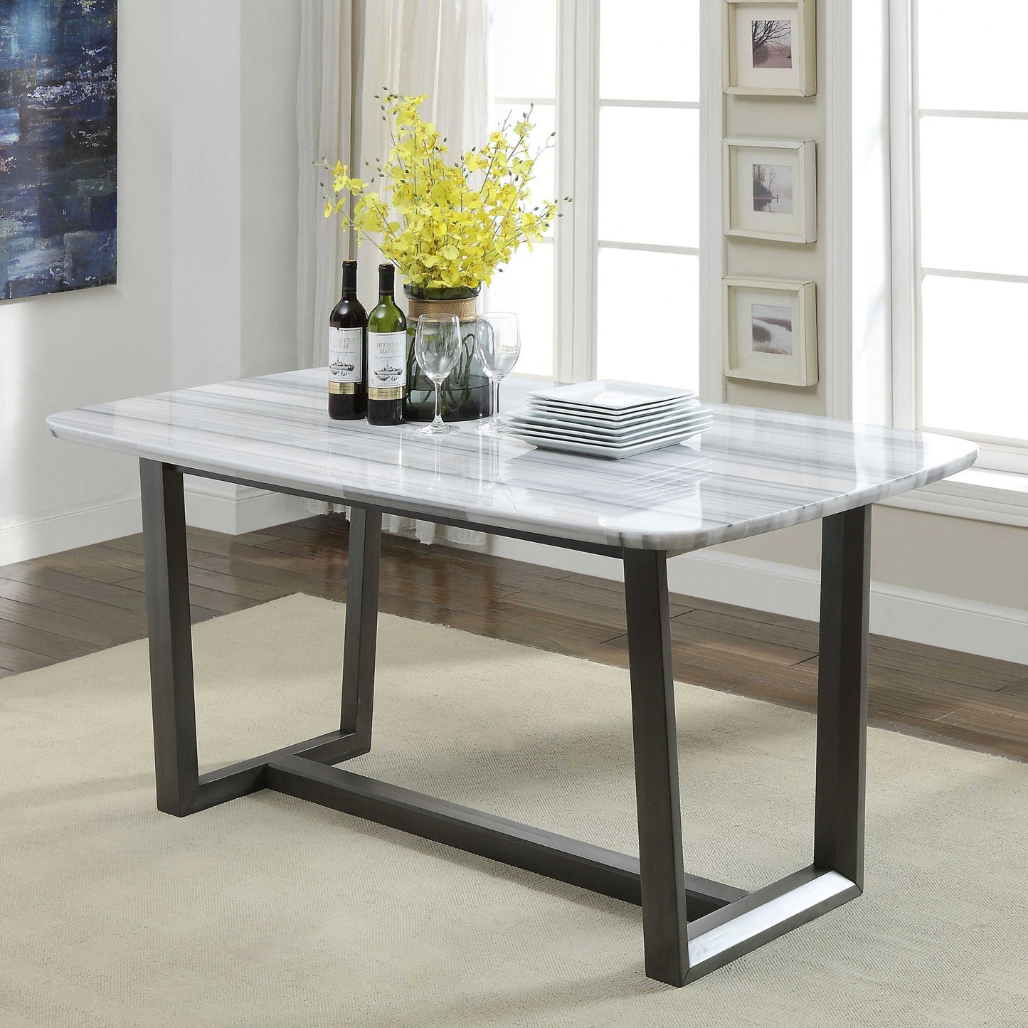 HomeRoots 40" x 72" x 30" Wood Dining Table With Marble Top in Gray Oak Finish