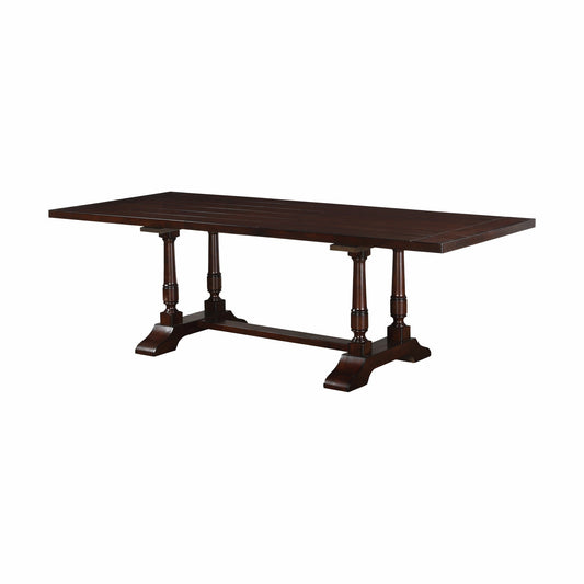 HomeRoots 40' x 96' x 30' Cherry Wood Dining table. Rectangular Trestle Table With 4 Turned Supports