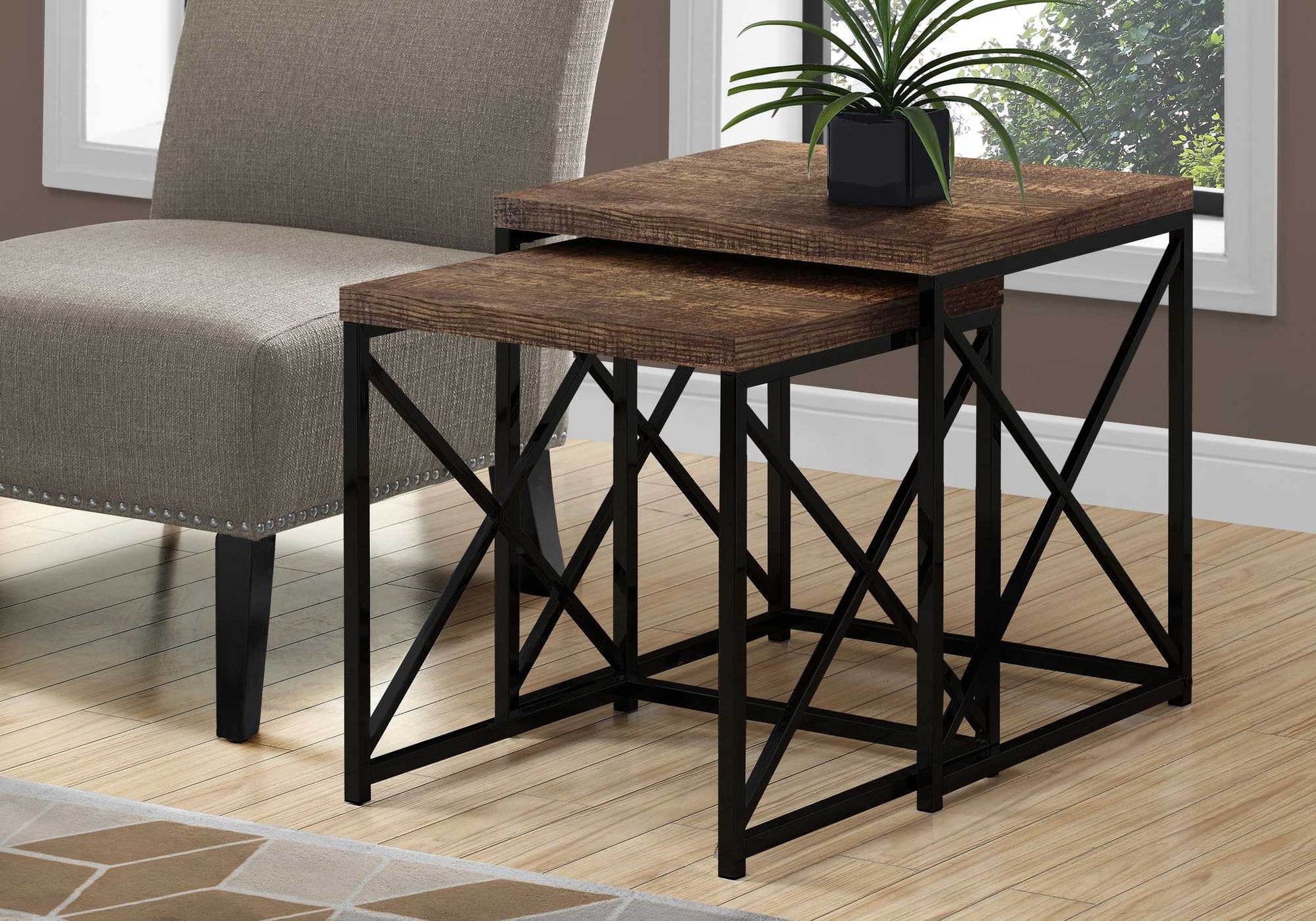 HomeRoots 41" Brown Particle Board and Black Metal Nesting Table in Set of 2