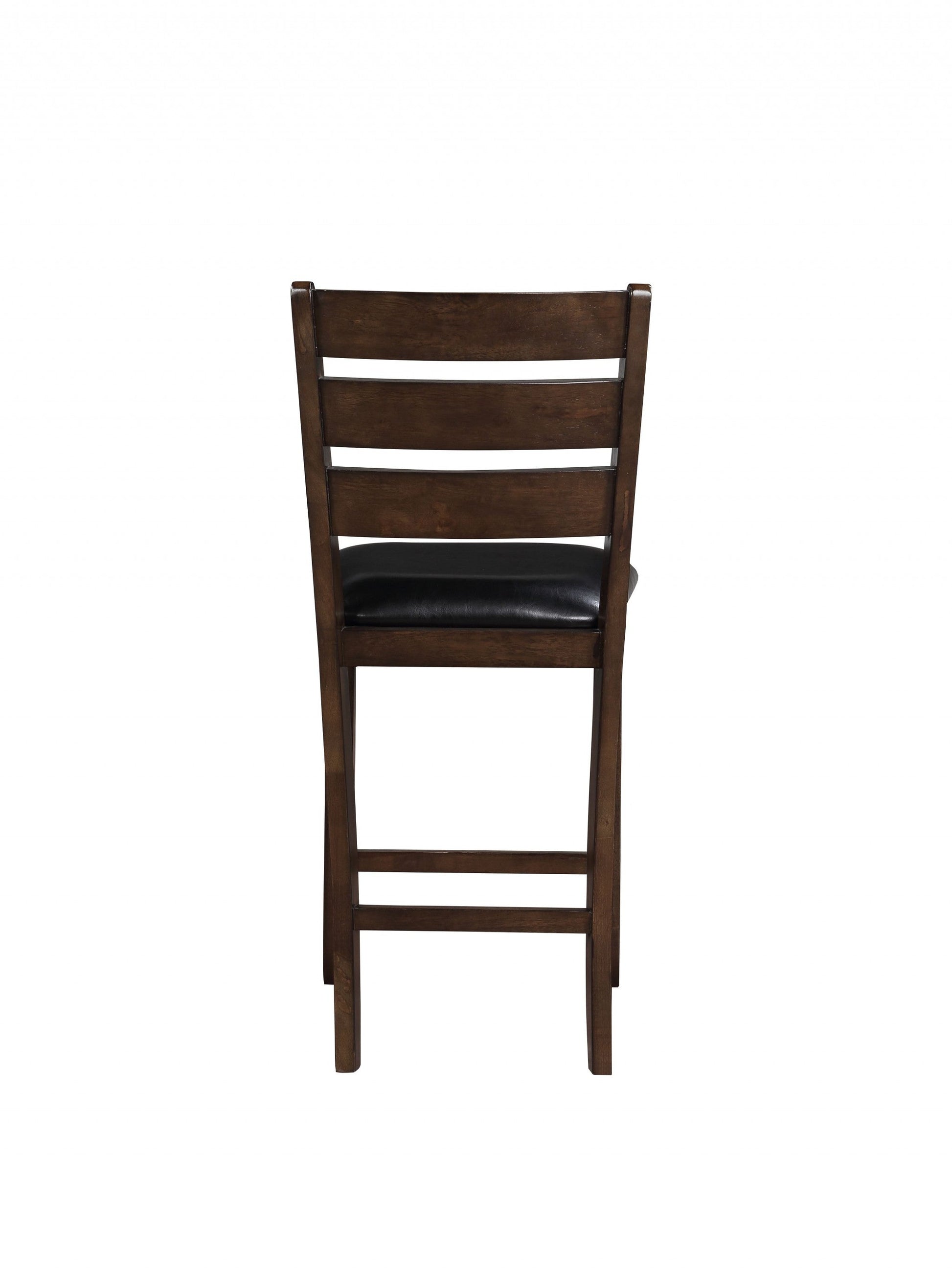HomeRoots 41" Dark Wood Finish and Black Faux Leather Ladder Back Counter Height Chairs in Set of 2