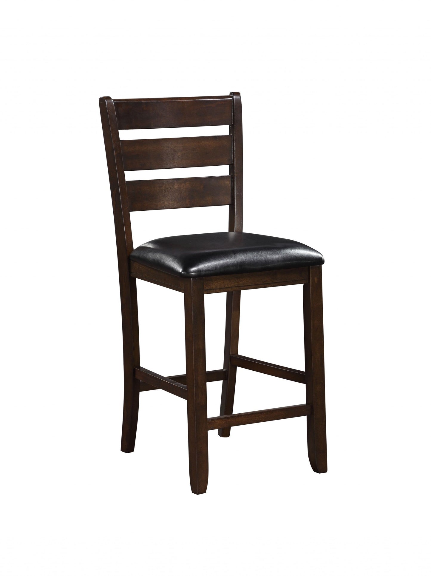 HomeRoots 41" Dark Wood Finish and Black Faux Leather Ladder Back Counter Height Chairs in Set of 2