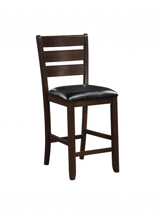 HomeRoots 41" Dark Wood Finish and Black Faux Leather Ladder Back Counter Height Chairs in Set of 2