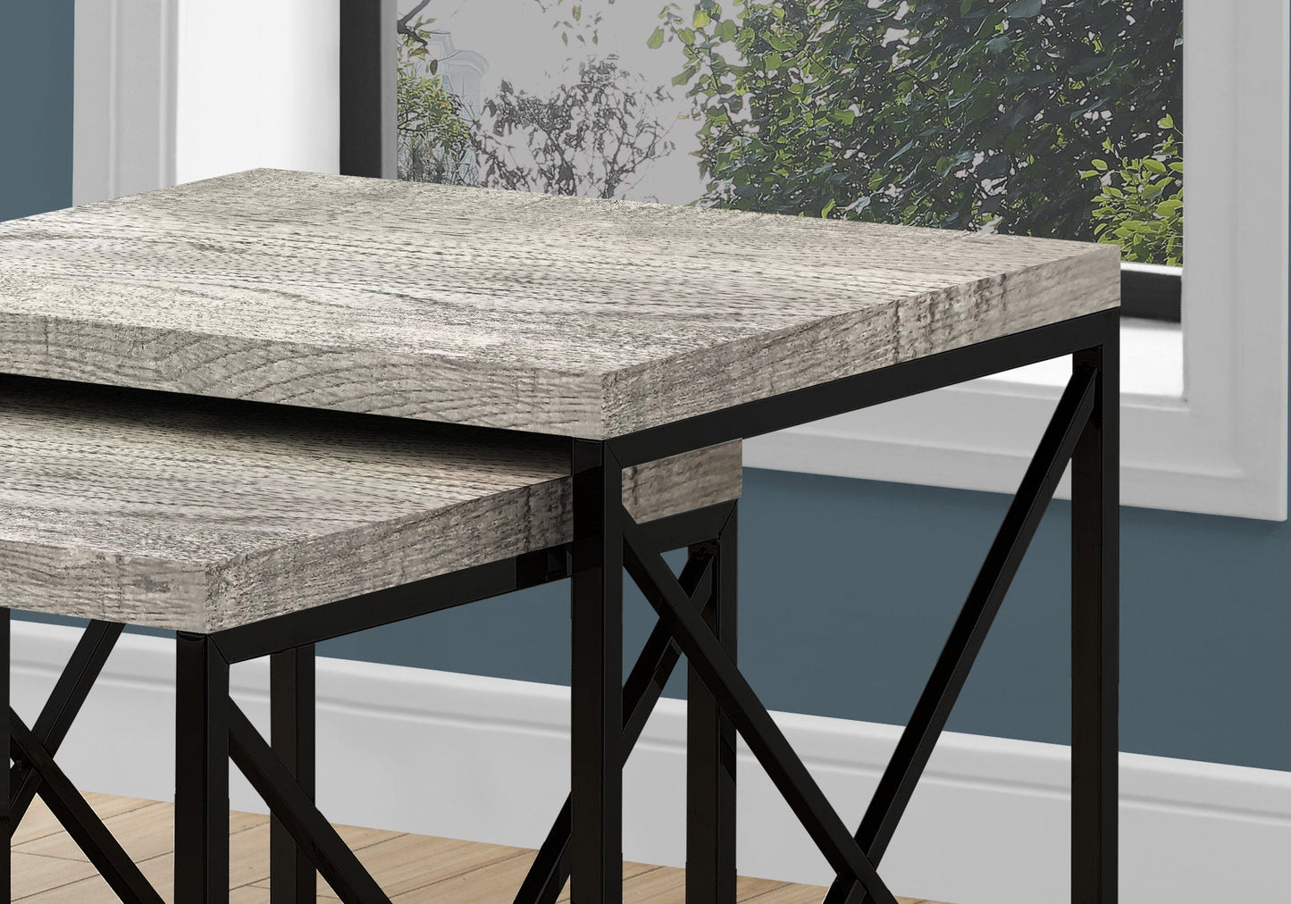 HomeRoots 41" Grey Particle Board and Black Metal Nesting Table in Set of 2