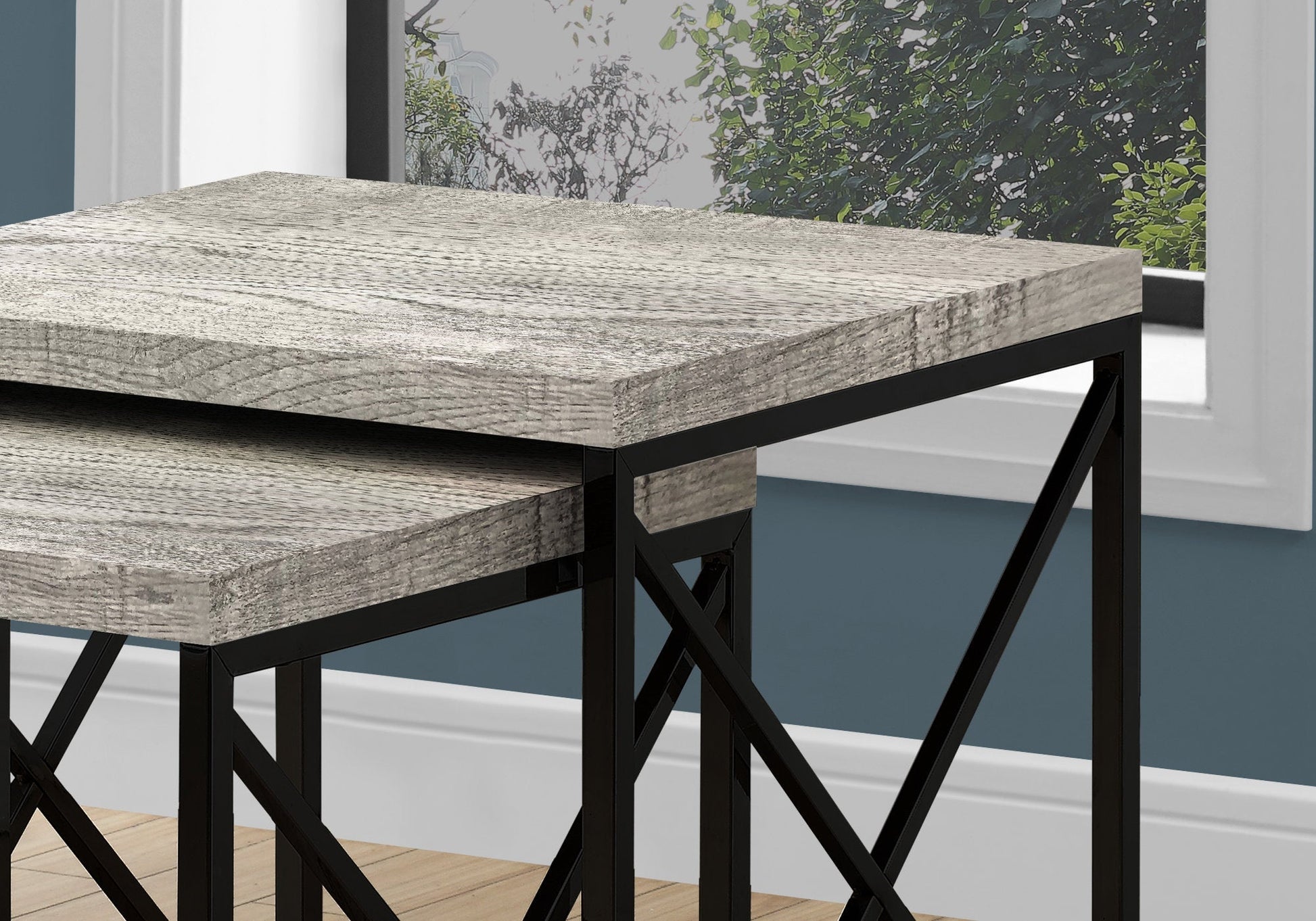 HomeRoots 41" Grey Particle Board and Black Metal Nesting Table in Set of 2