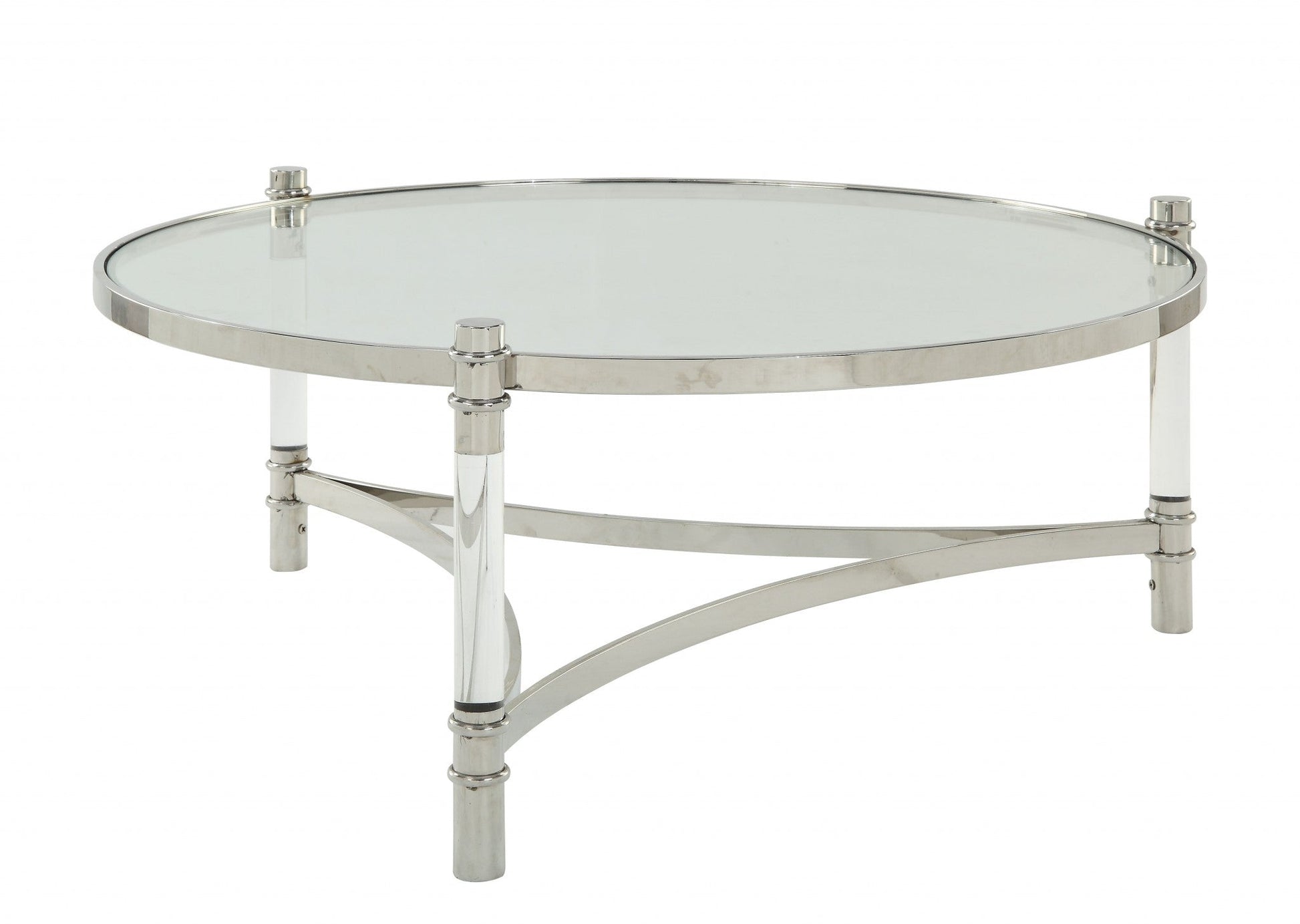 HomeRoots 41" x 41" x 17" Clear Acrylic Stainless Steel And Clear Glass Coffee Table