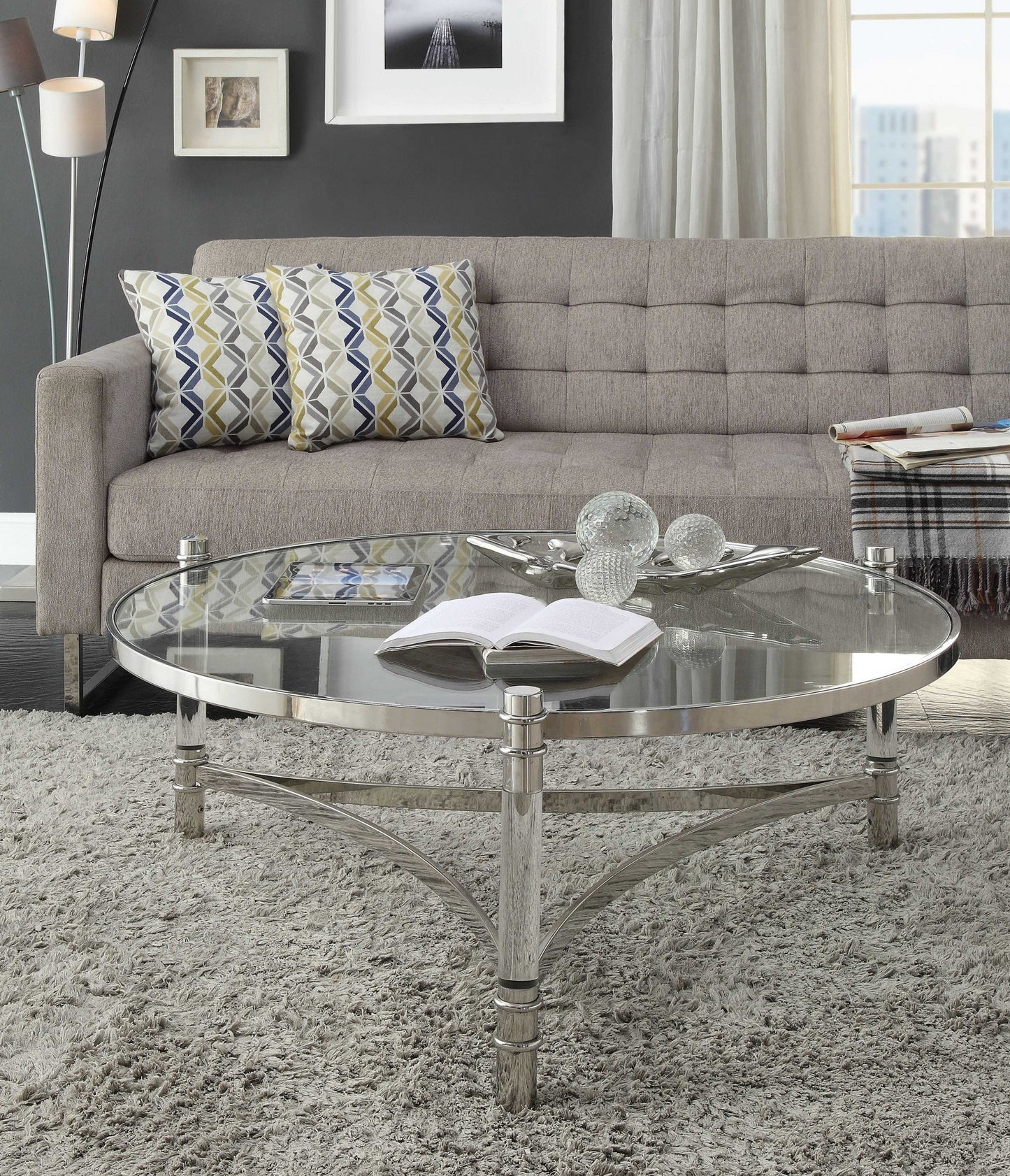 HomeRoots 41" x 41" x 17" Clear Acrylic Stainless Steel And Clear Glass Coffee Table