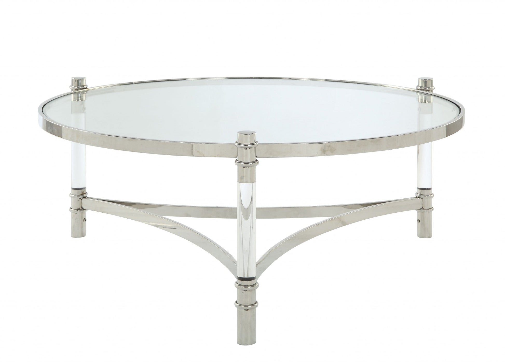HomeRoots 41" x 41" x 17" Clear Acrylic Stainless Steel And Clear Glass Coffee Table