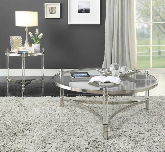 HomeRoots 41" x 41" x 17" Clear Acrylic Stainless Steel And Clear Glass Coffee Table