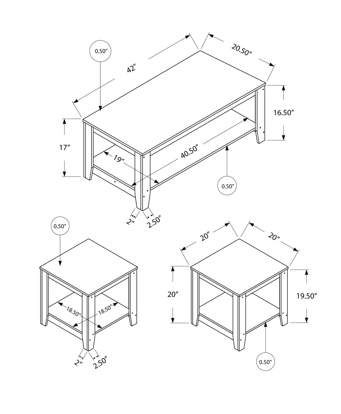 HomeRoots 42" Brown Coffee Table With Shelf in Set of Three