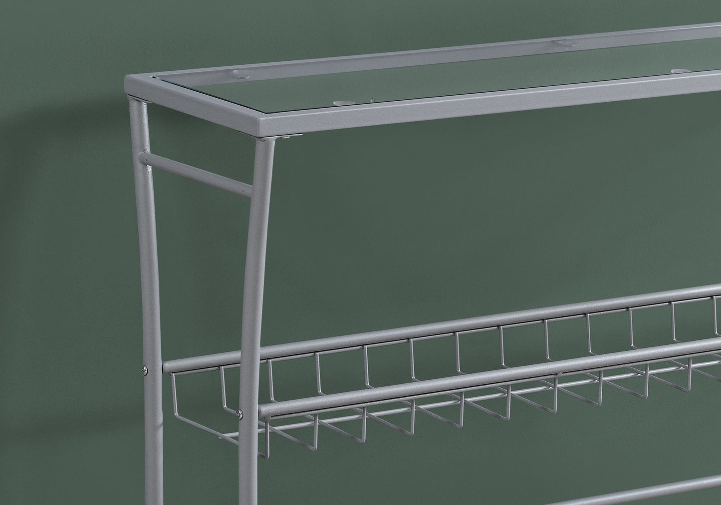 HomeRoots 42" Glass Console Table With Storage in Clear and Silver Finish