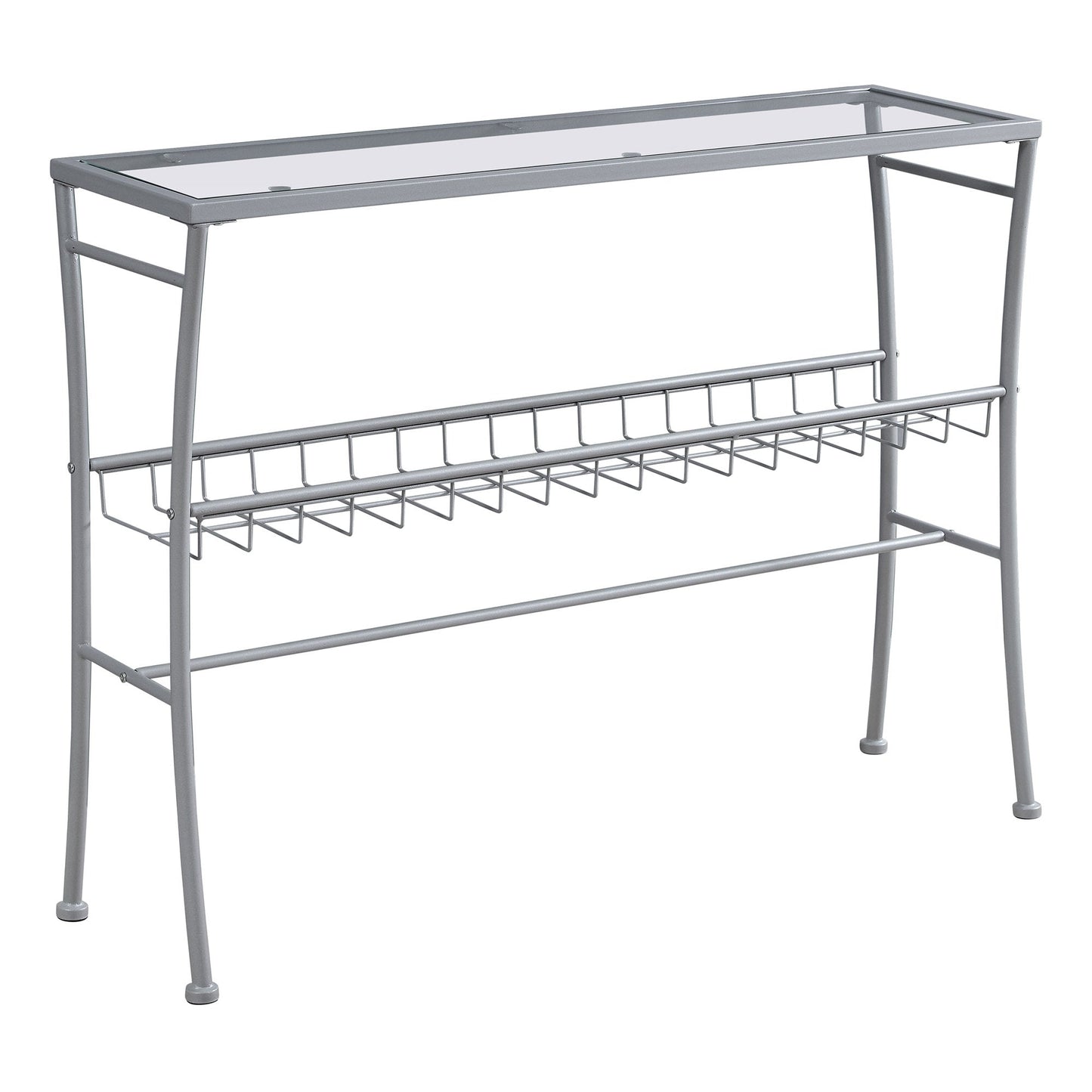 HomeRoots 42" Glass Console Table With Storage in Clear and Silver Finish