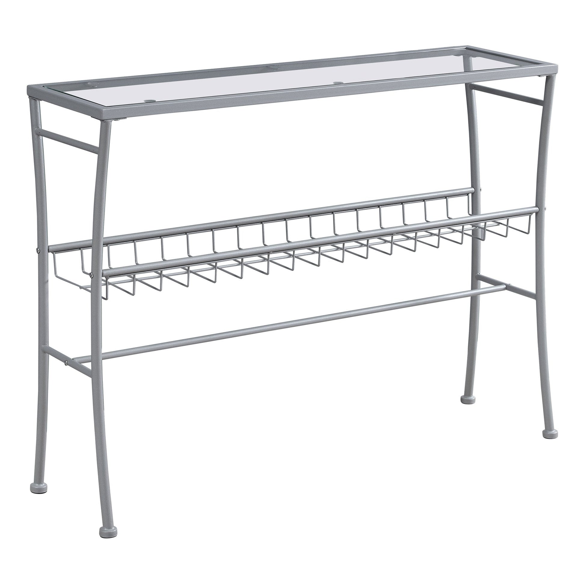 HomeRoots 42" Glass Console Table With Storage in Clear and Silver Finish