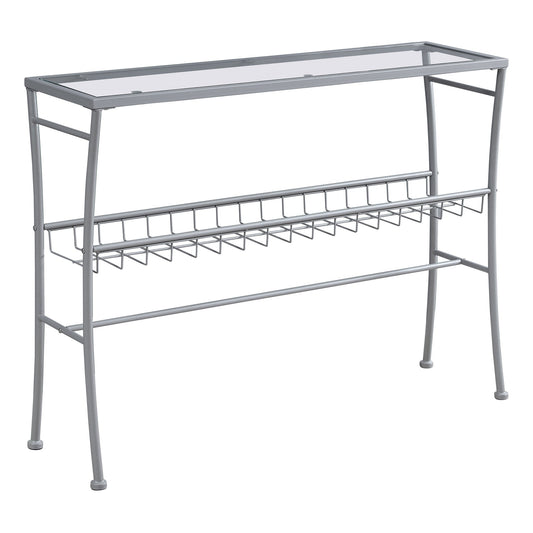 HomeRoots 42" Glass Console Table With Storage in Clear and Silver Finish