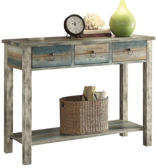 HomeRoots 42" x 16" x 32" Wooden Console Table in Antique White and Teal Finish