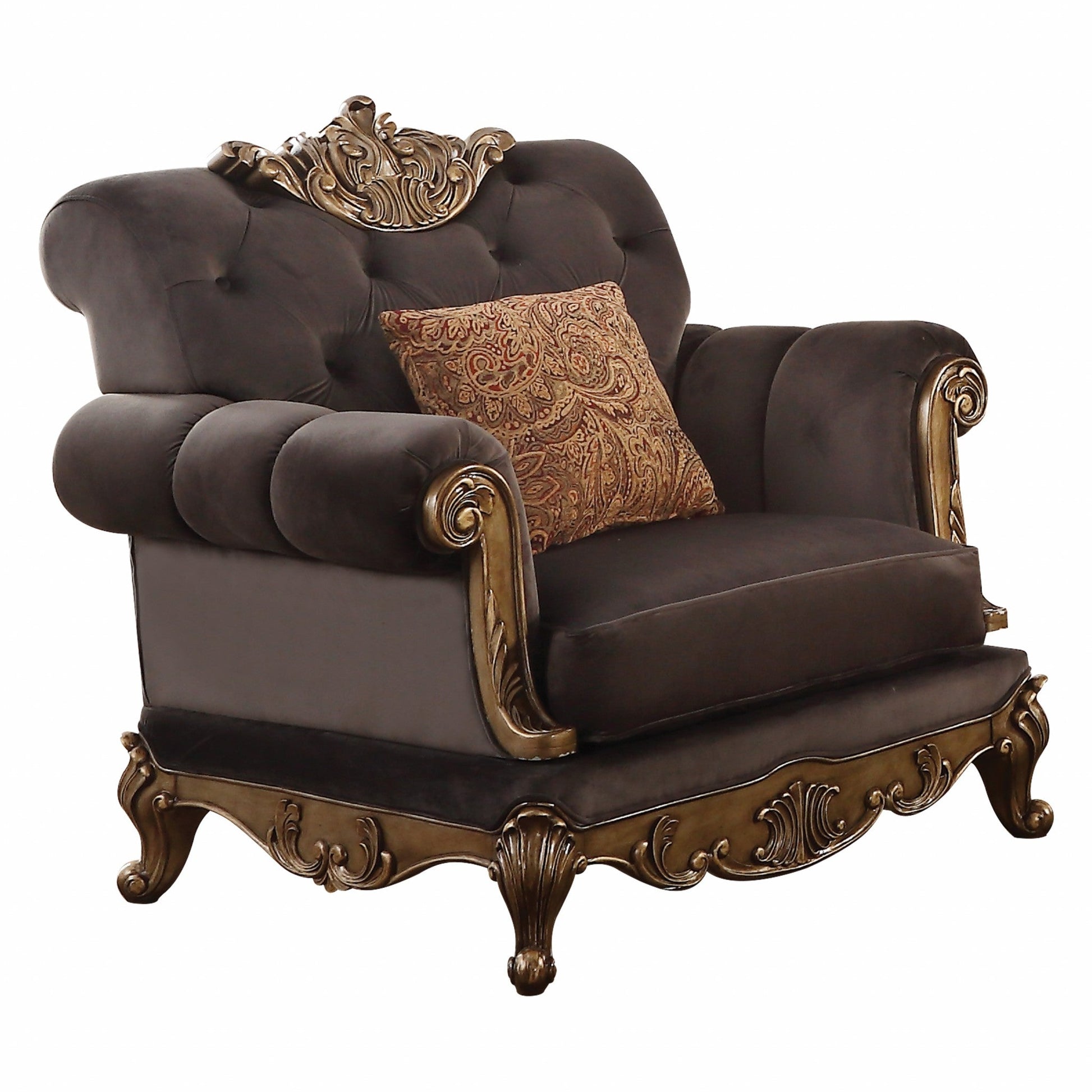 HomeRoots 42" x 41" x 40" Charcoal Fabric And Antique Gold Chair With 1 Pillow