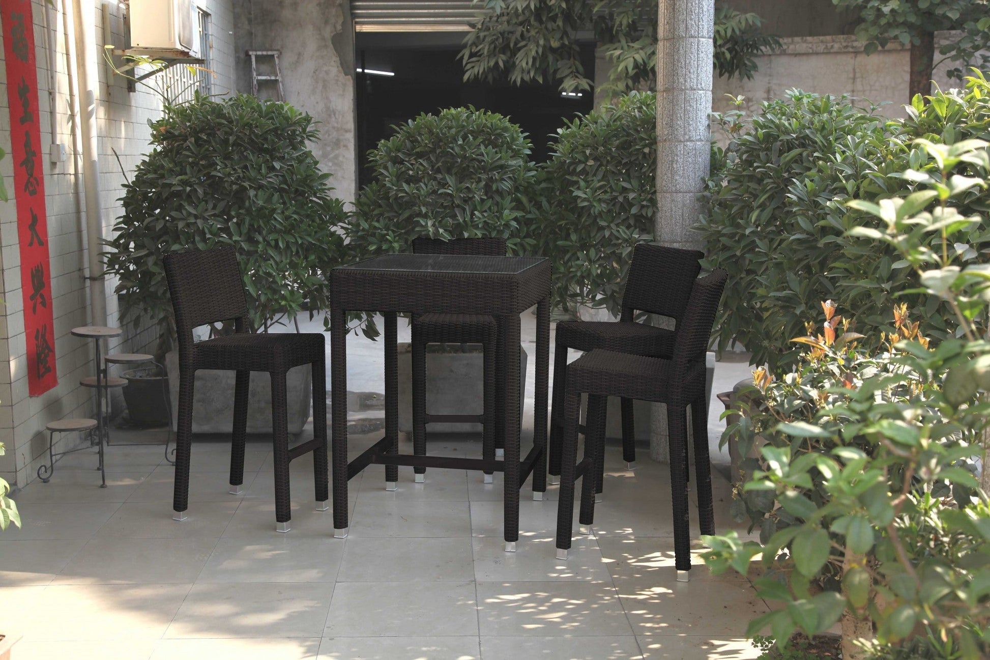 HomeRoots 42.5" x 29" x 29" Black Aluminum And Wicker Bar Table in Set of 5