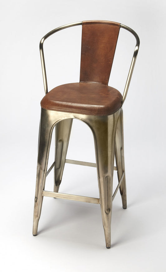 HomeRoots 43" Bar Chair With Footrest With Brown and Gold Finish