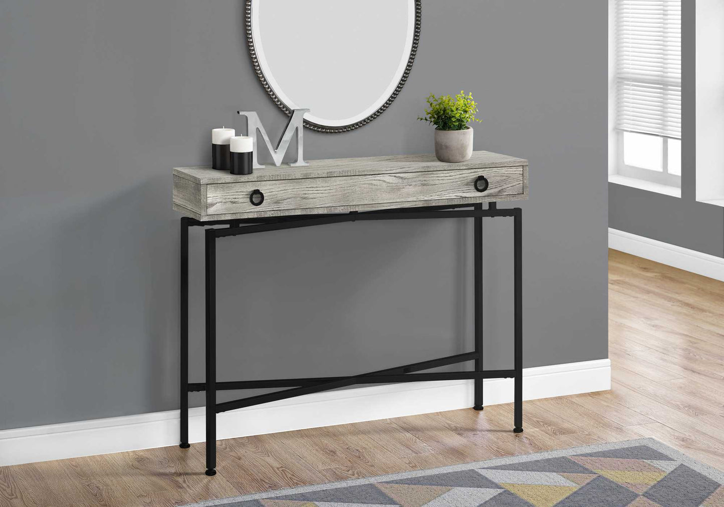 HomeRoots 43" Grey Reclaimed Wood Particle Board Accent Table With Black Legs