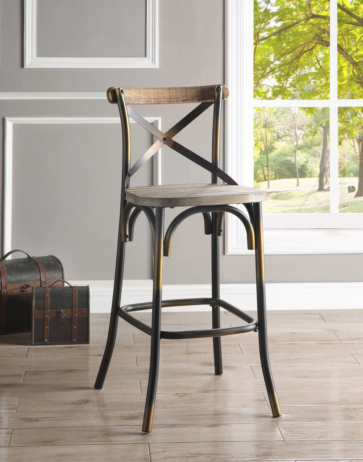 HomeRoots 43' High Back Antiqued Copper And Oak Finish Bar Chair