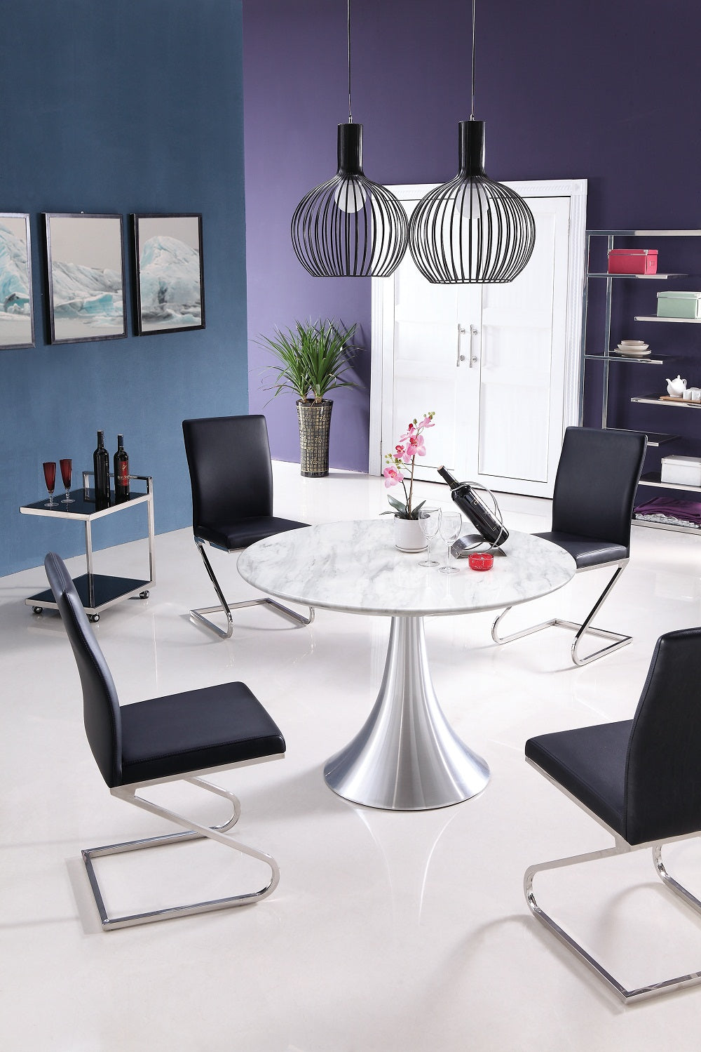 HomeRoots 43 x 43 x 30 White Marble Stainless Steel Round Dining Table