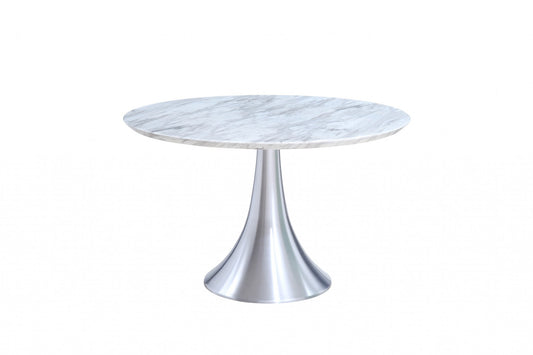 HomeRoots 43 x 43 x 30 White Marble Stainless Steel Round Dining Table