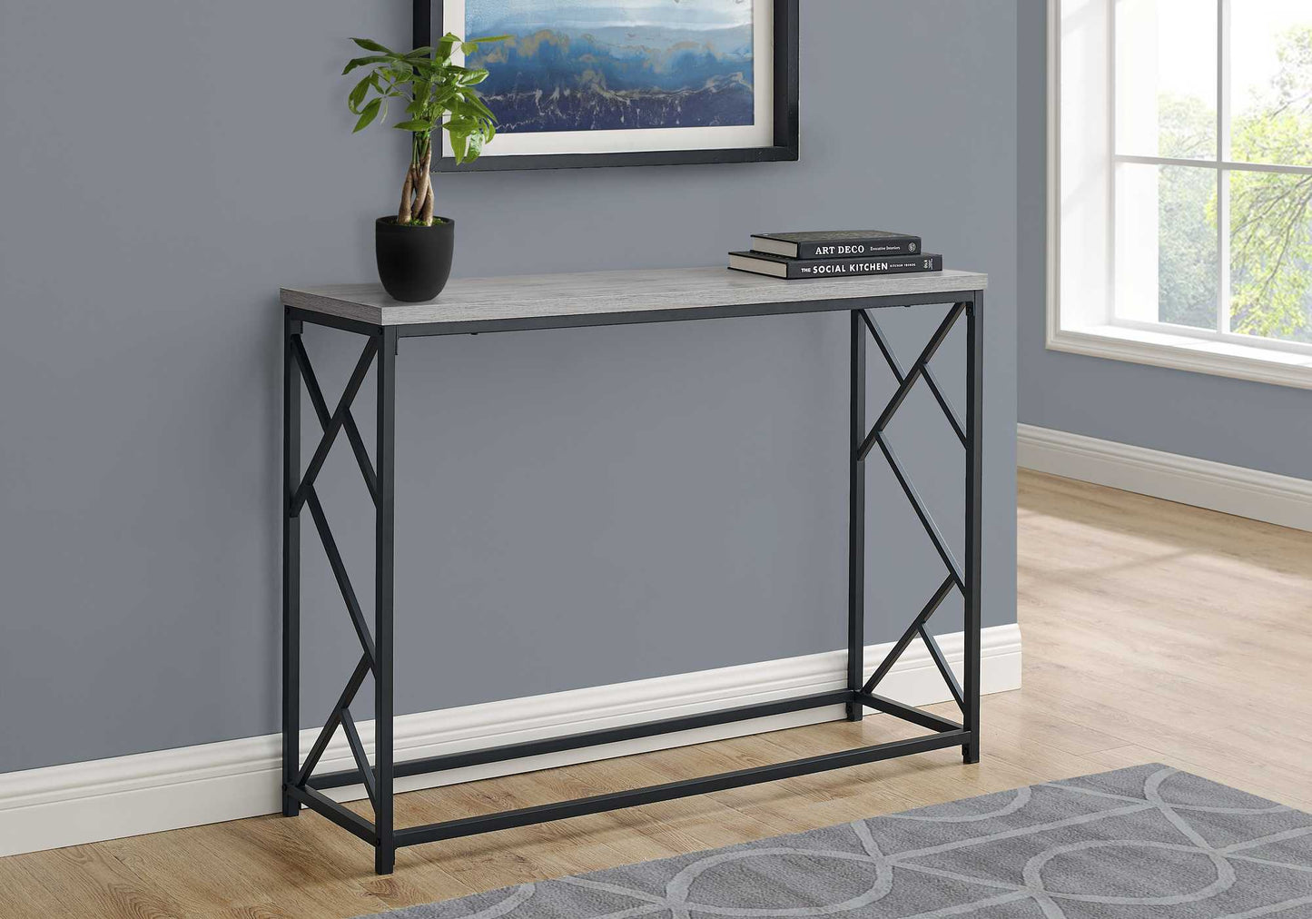 HomeRoots 44" Rectangular Metal Hall Console Accent Table With Grey and Black Finish