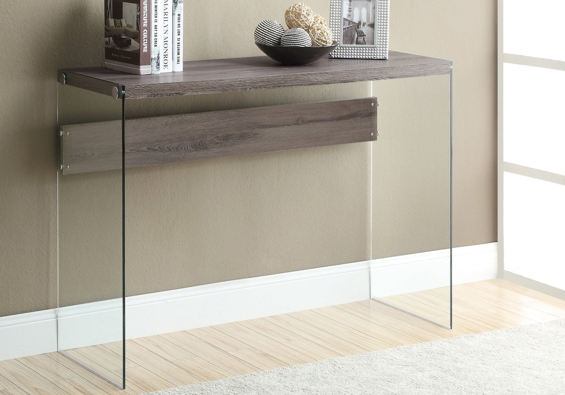 HomeRoots 44" Solid Console Table in Taupe and Clear Finish