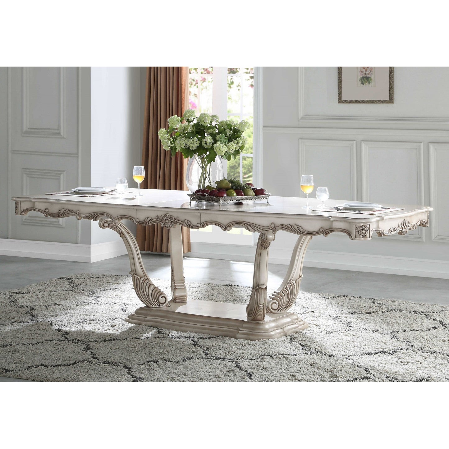 HomeRoots 44" x 102" x 30" Wood Dining Table With Pedestal in Antique White Finish