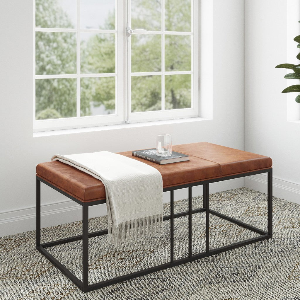 HomeRoots 46" Faux Leather And Metal Coffee Table With Brown and Black Finish