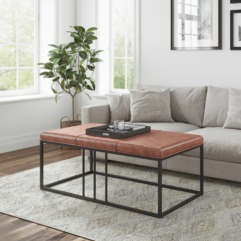 HomeRoots 46" Faux Leather And Metal Coffee Table With Brown and Black Finish