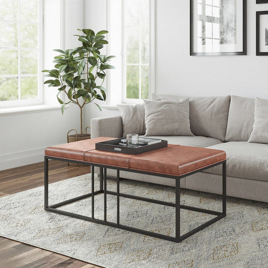 HomeRoots 46" Faux Leather And Metal Coffee Table With Brown and Black Finish
