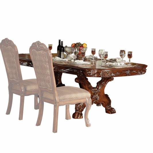 HomeRoots 46" x 108" x 31" Poly Resin Dining Table With Trestle Pedestal in Cherry Oak Wood Finish