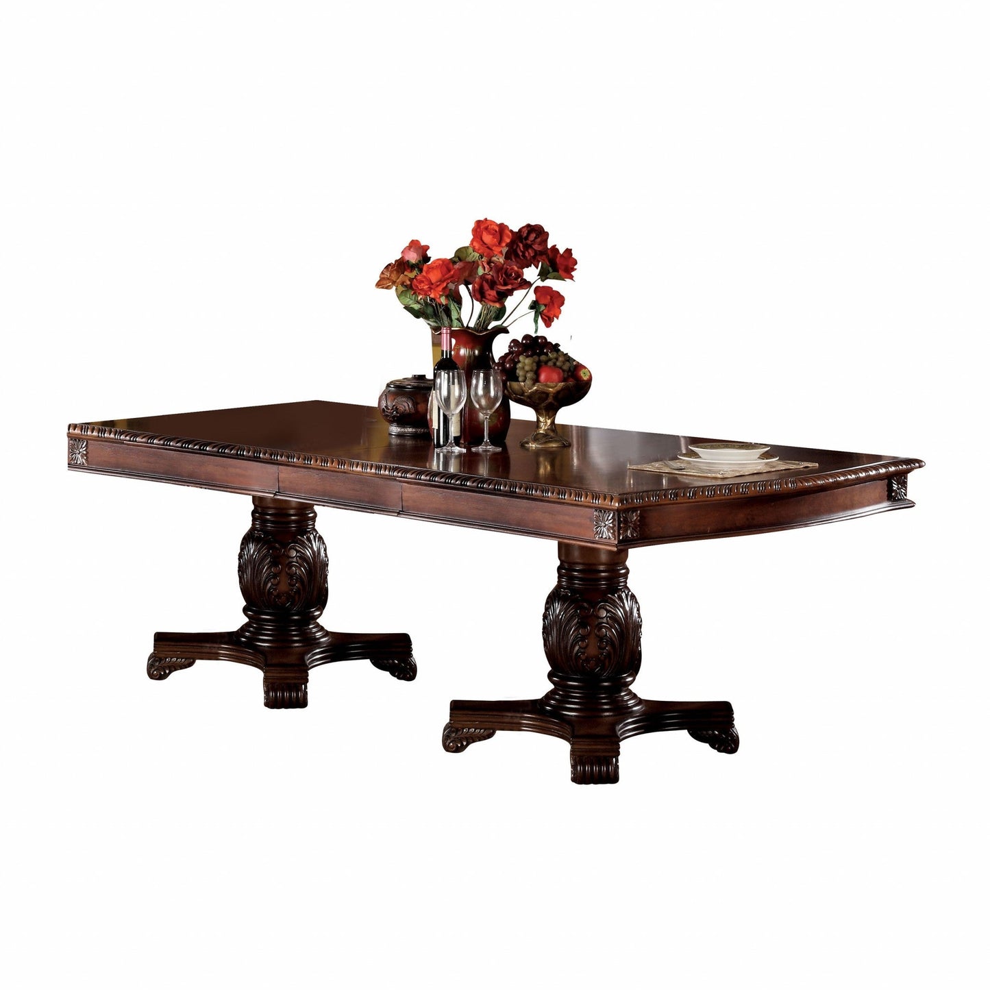 HomeRoots 46' x 96' x 31' Cherry Wood Poly Resin Dining Table Wdouble Pedestal