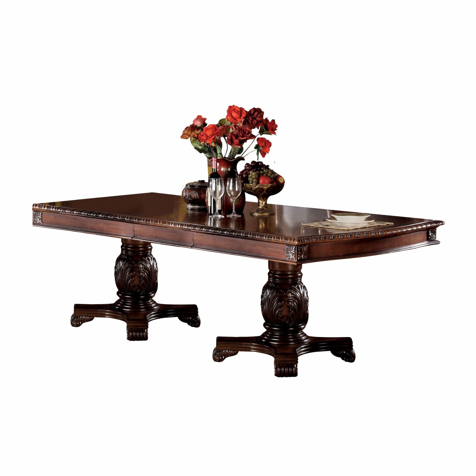 HomeRoots 46' x 96' x 31' Cherry Wood Poly Resin Dining Table Wdouble Pedestal