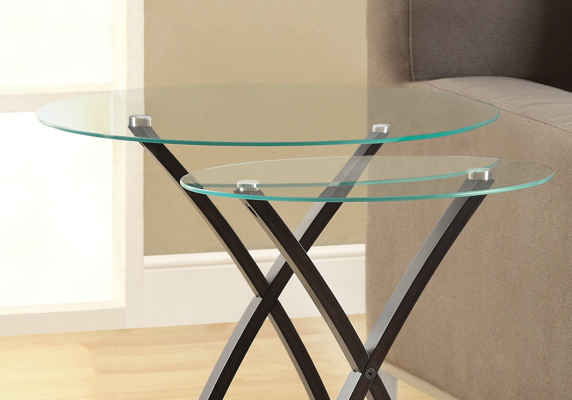 HomeRoots 47" Clear Glass Round Nested Tables With Brown Finish