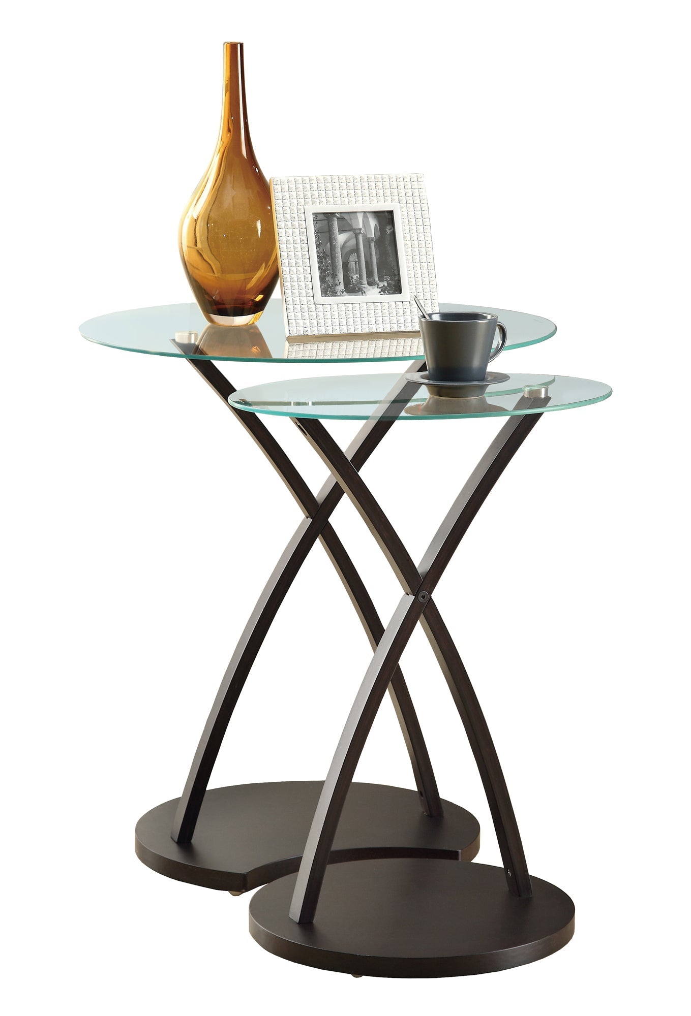 HomeRoots 47" Clear Glass Round Nested Tables With Brown Finish