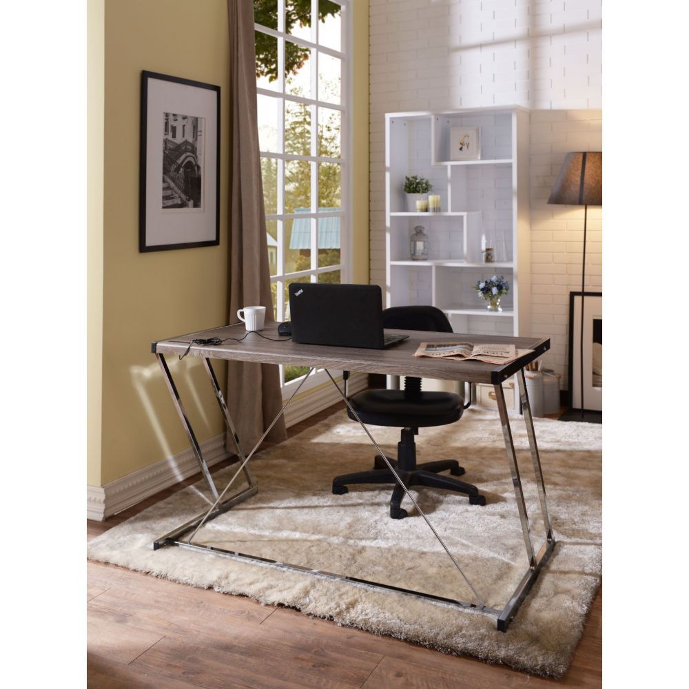 HomeRoots 47" Cool Oak and Chrome USB Desk