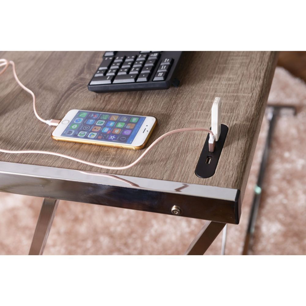 HomeRoots 47" Cool Oak and Chrome USB Desk