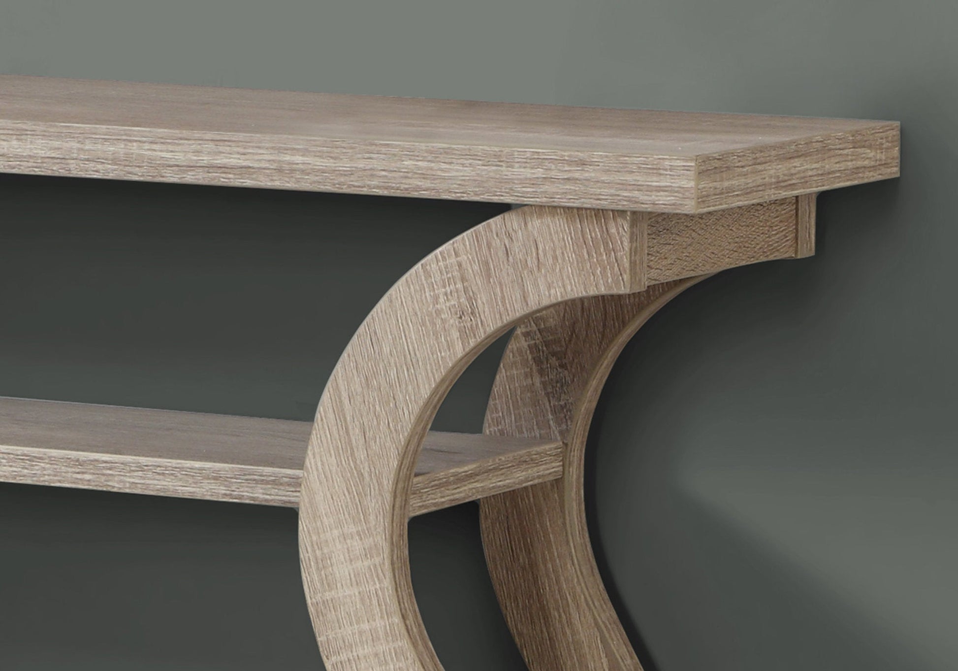 HomeRoots 47" Floor Shelf Console Table With Storage in Taupe Finish
