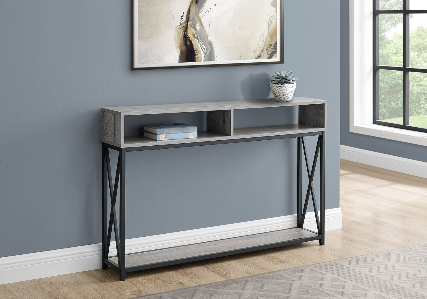HomeRoots 47" Frame Console Table With Storage in Gray and Black Finish