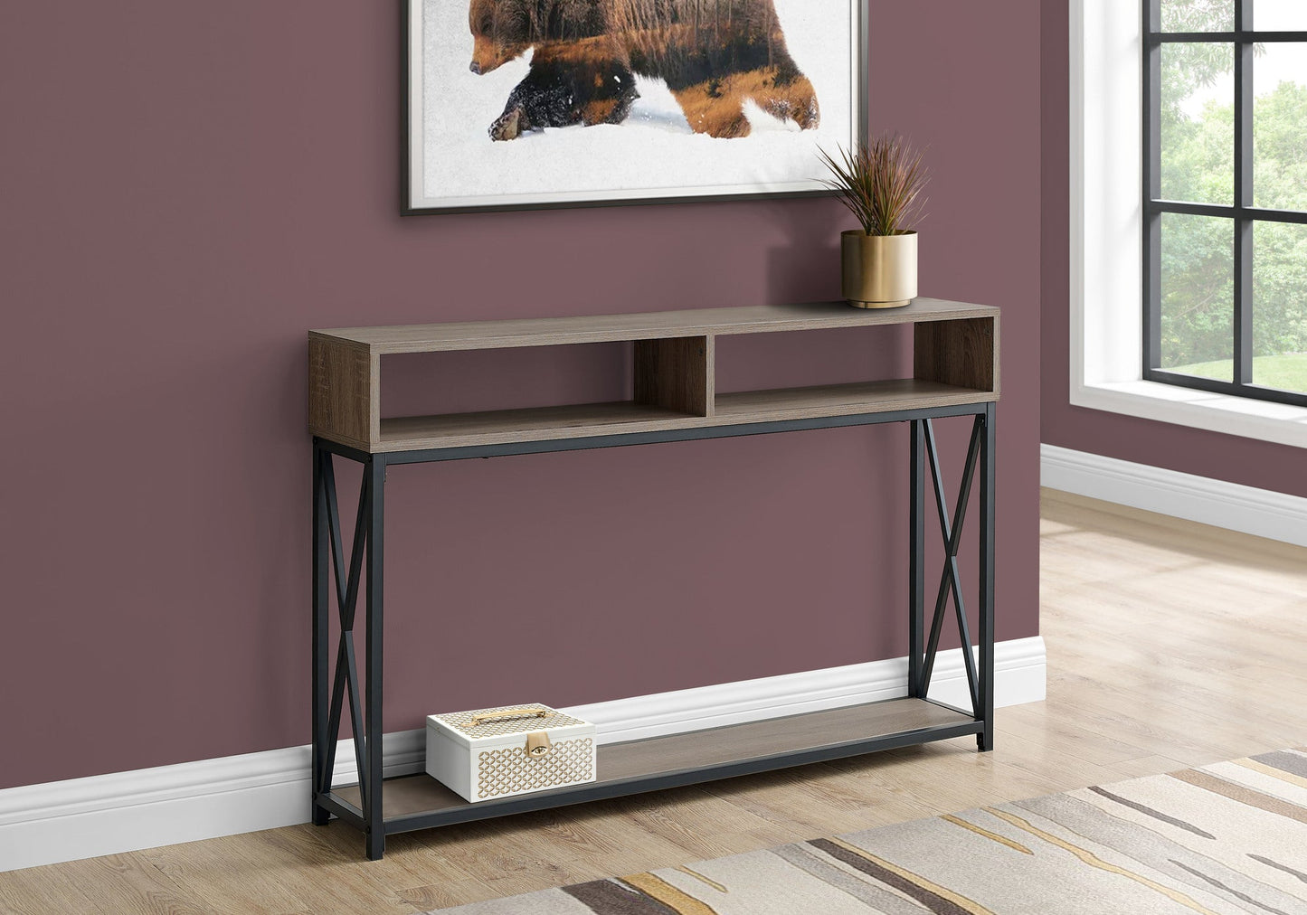 HomeRoots 47" Frame Console Table With Storage in Taupe and Black Finish