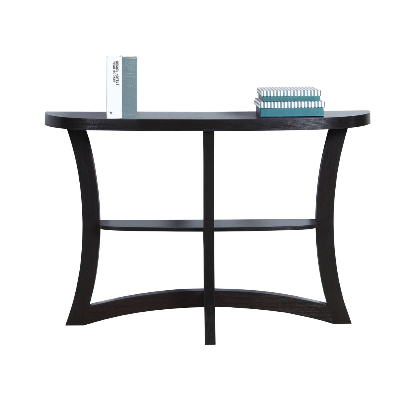 HomeRoots 47" Half Moon Three Leg Console Table With Storage in Espresso Finish