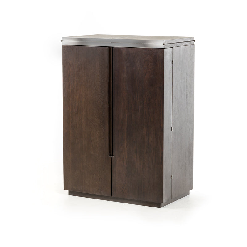 HomeRoots 47" Oak Veneer And Leatherette Wine Cabinet In Brown Finish