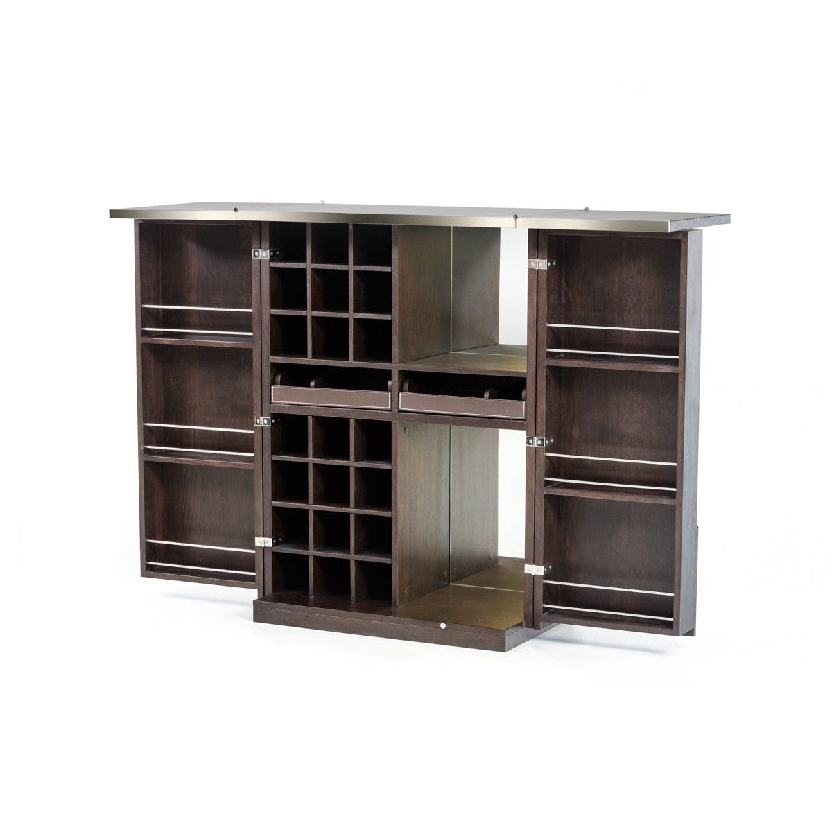 HomeRoots 47" Oak Veneer And Leatherette Wine Cabinet In Brown Finish