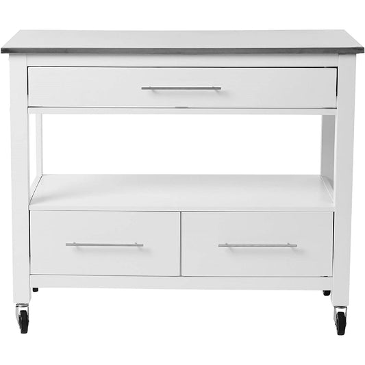 HomeRoots 47" Rolling Kitchen Island Or Bar Cart In White And Stainless Finish