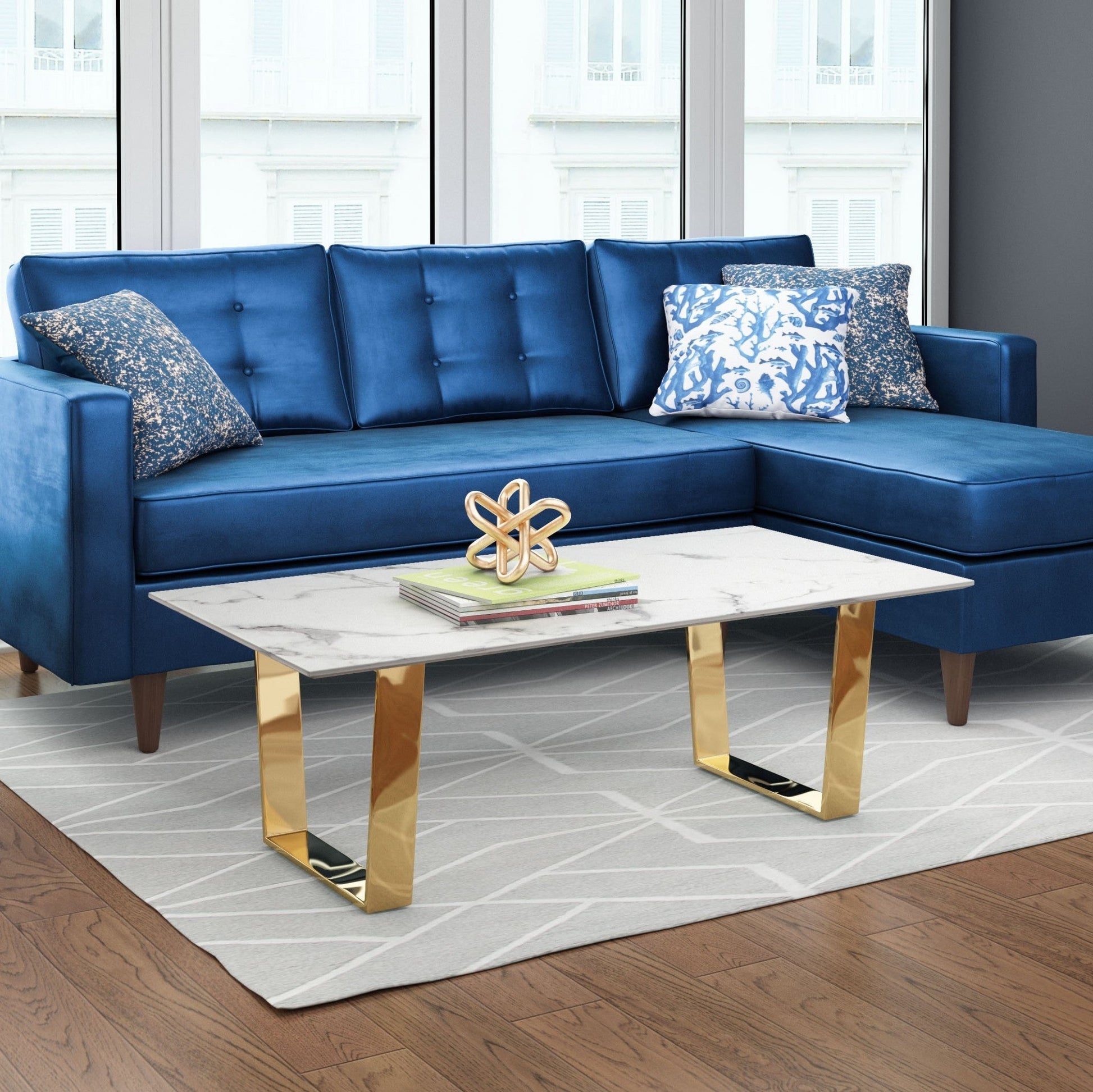 HomeRoots 47" White Faux Marble And Steel Coffee Table With Gold Base Finish